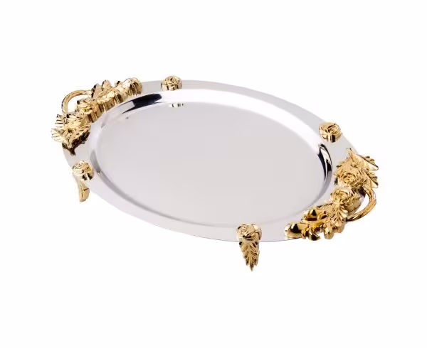 سینی با دسته گل رزبیضی طلایی متوسطKSTکد B0011 318