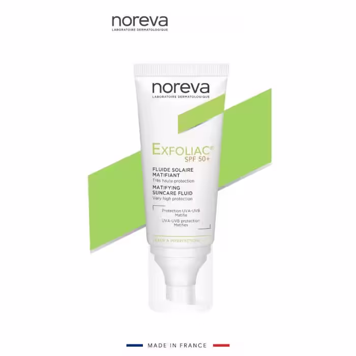 کرم ضد آفتاب نوروا مدل اکسفولیاک برای پوست های چرب و مستعد آکنه Noreva Exfoliac Matifying Suncare Fluid Spf50  40ml
