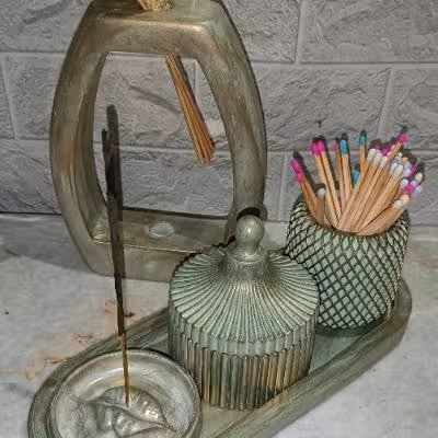 ست دکوری سنگ مصنوعی پتینه لوکس (جاعودی، قندان، جای خلال، گلدان)