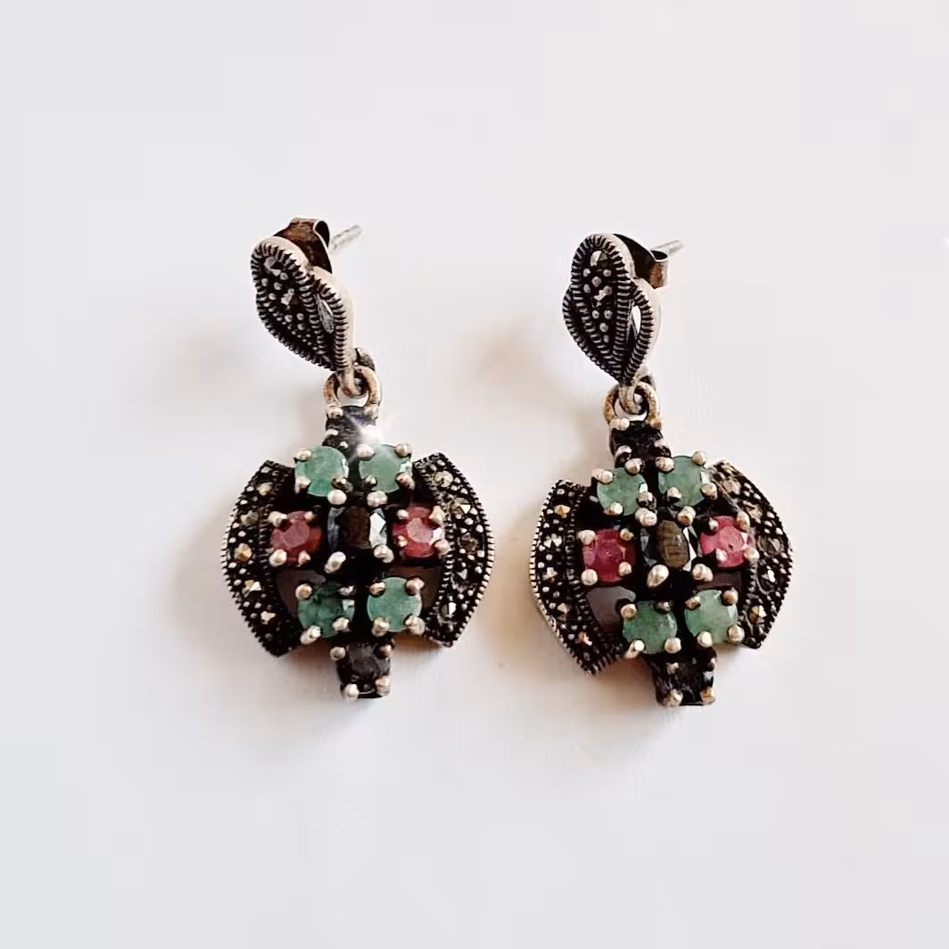 گوشواره  نقره تایلندی سیاه قلم چند جواهر اصل