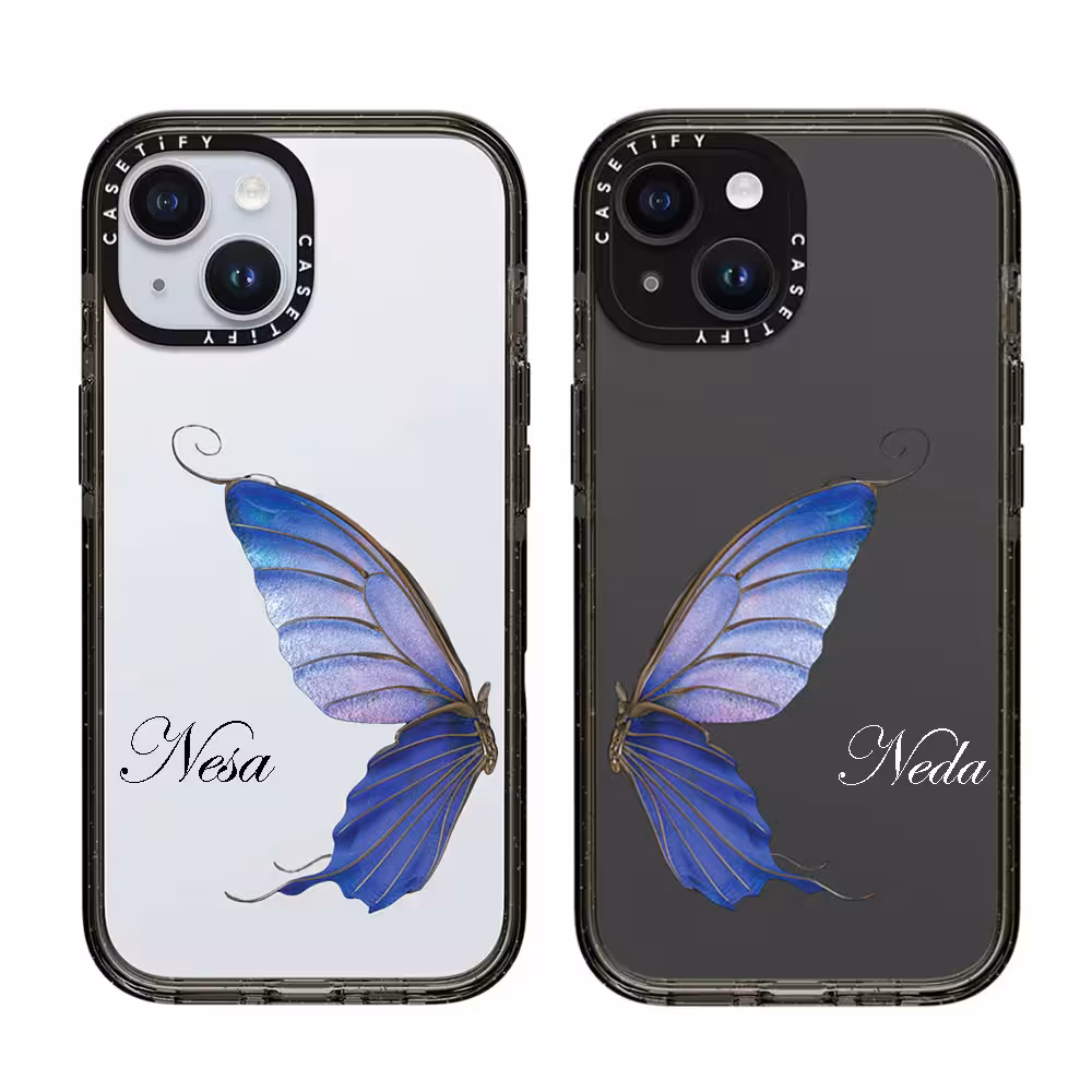 قاب شفاف چاپی سفارشی اسم دلخواه (کد 0096) مدل پروانه ابی برای آیفون