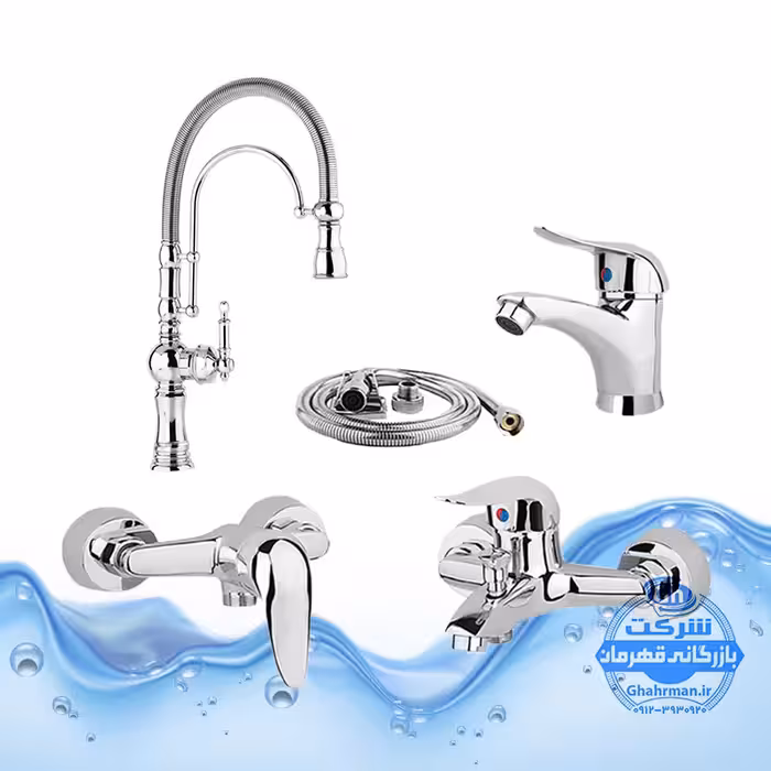 ست 5 عددی شیرآلات برند آیدا صنعت مدل بیزانس و قهرمان | شیر روشویی اهرمی   شیر ظرفشویی بیزانس تک‌منظوره   شیر حمام   شیر توالت   شلنگ توالت | کروم براق