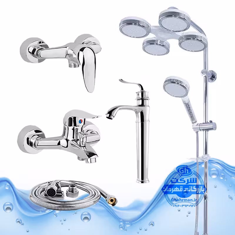 ست 5 عددی شیرآلات مدل قهرمان | روشویی پایه‌بلند   توالت   حمام   علم دوش هلی شاتی   شلنگ توالت | کروم براق