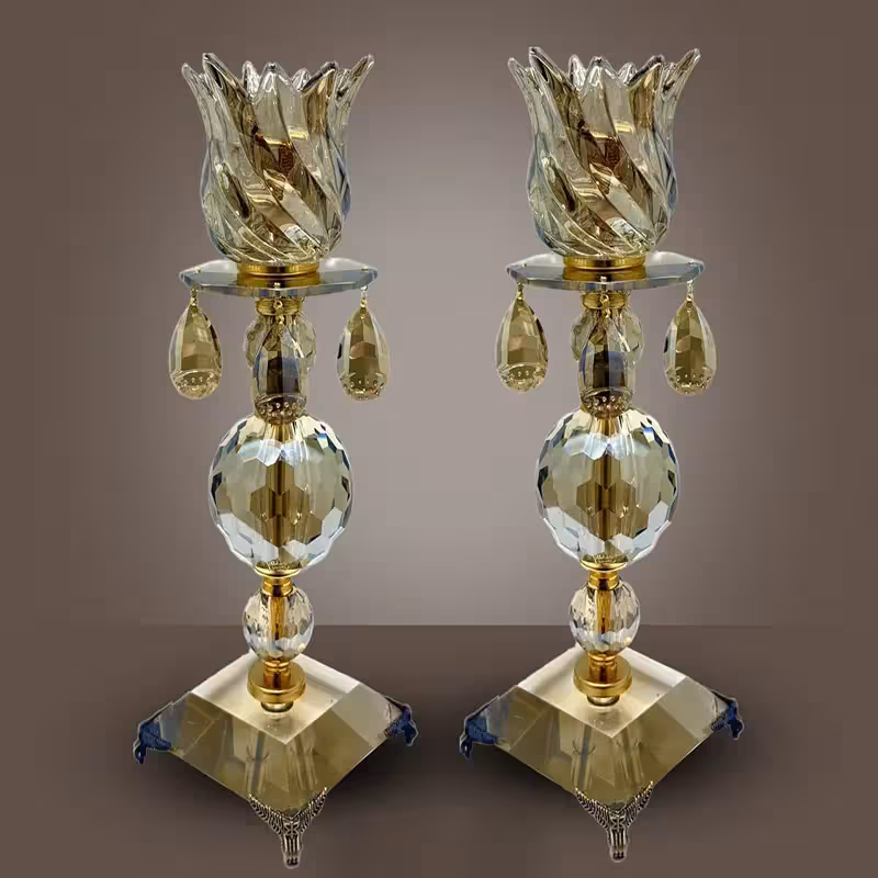 شمعدان کریستالی طلایی و کاپ گلبرگی دودی