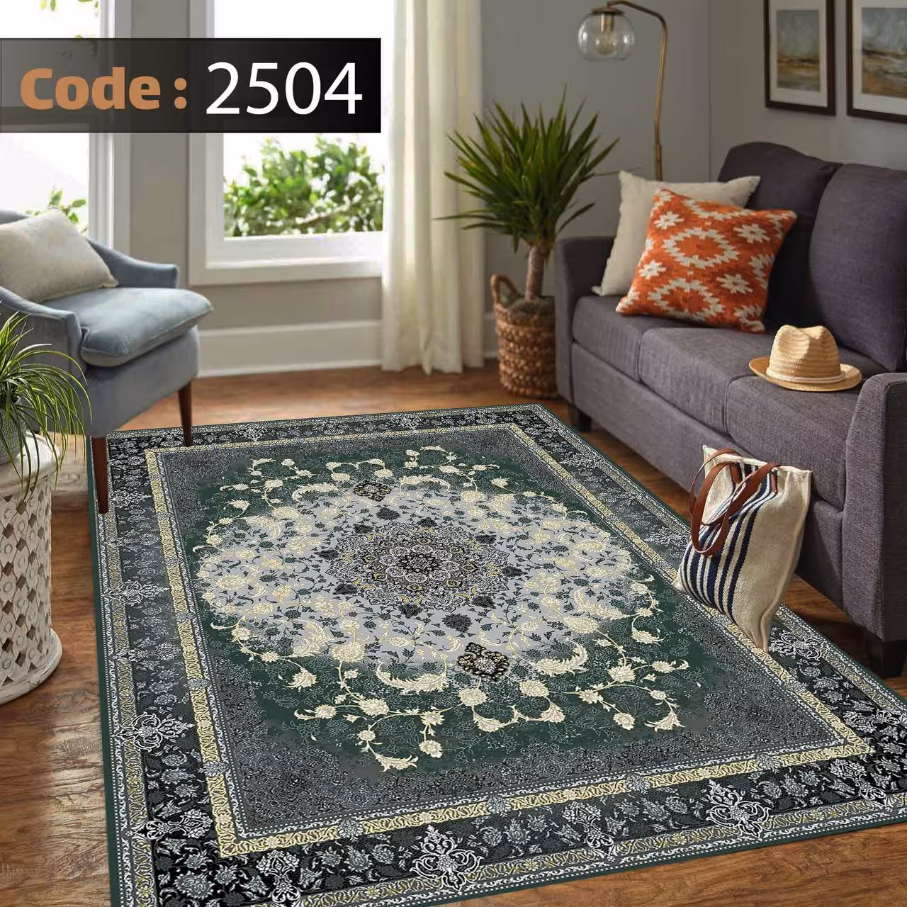 کاورفرش روفرشی دورکشدار گوشه لیفه ای طوسی کرم کد 2504