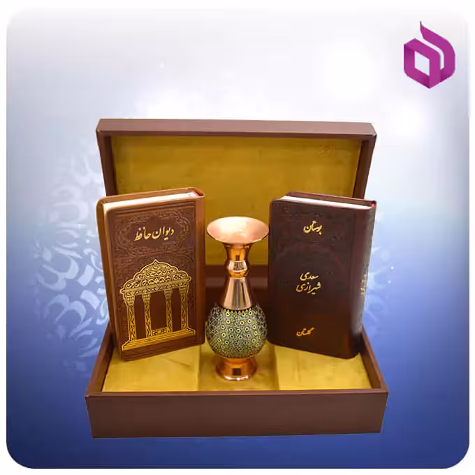 حافظ و گلستان و بوستان سعدی پالتويی چرم با گلدان خاتم 16