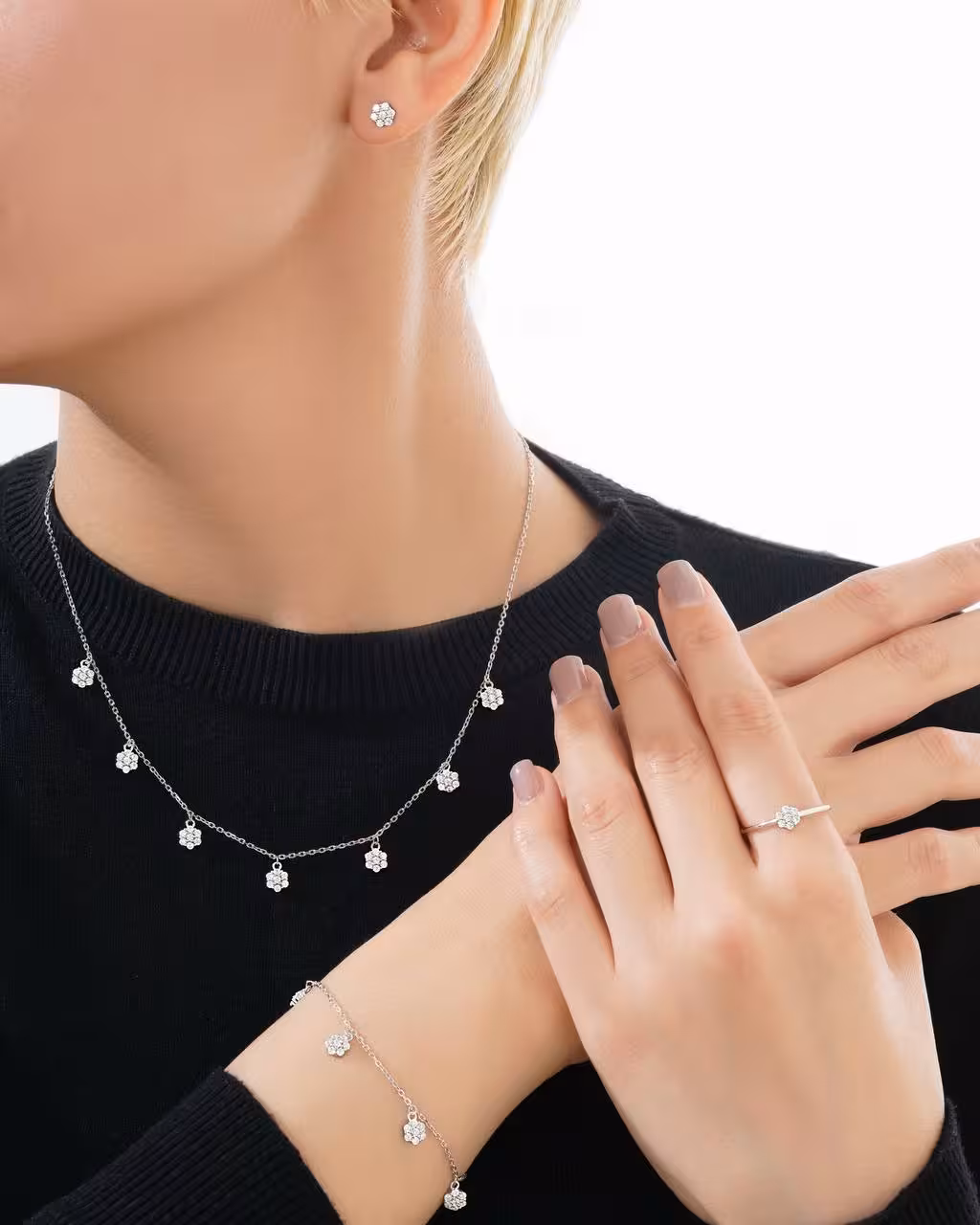 سرویس وارداتی فلاور نقره جواهری زنانه کد 60670