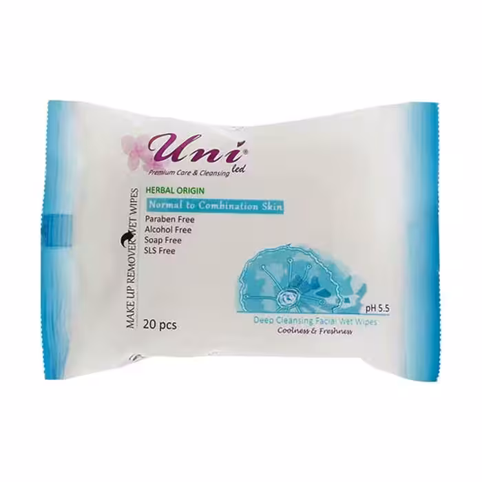 دستمال مرطوب پاک کننده آرایش یونی لد مناسب پوست های نرمال بسته 20 عددی