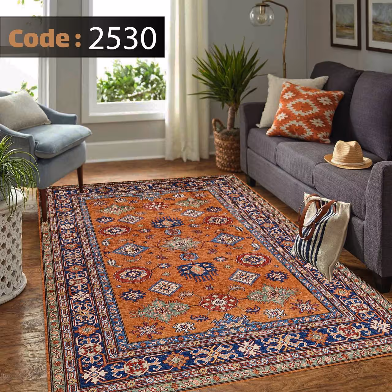 کاورفرش روفرشی دورکشدار گوشه لیفه ای لاکی ، آبی و متنوع کد 2530