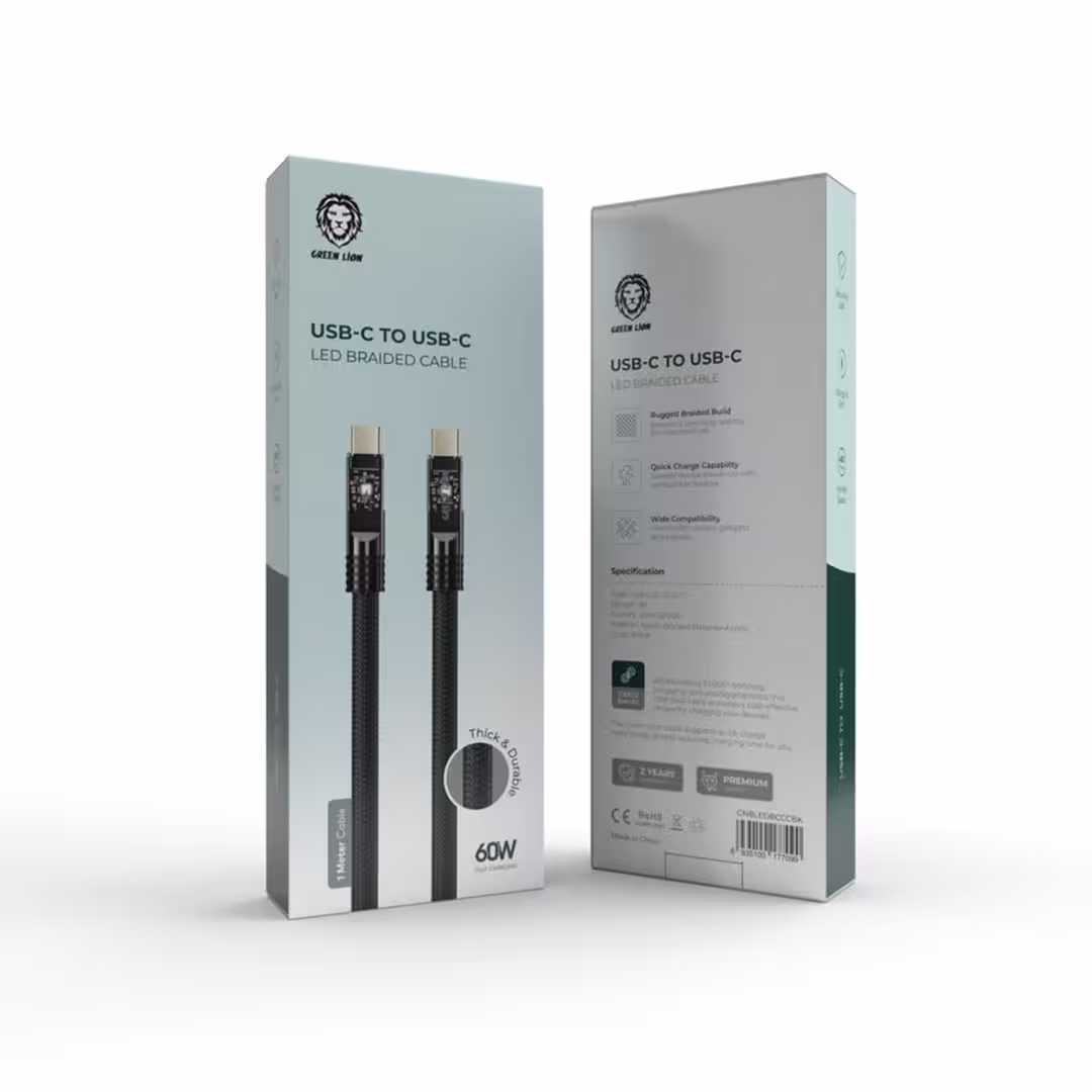 کابل ال ای دی تایپ سی به تایپ سی بافته شده گرین Green Led Braided Usb-C to Usb-C cable 60W