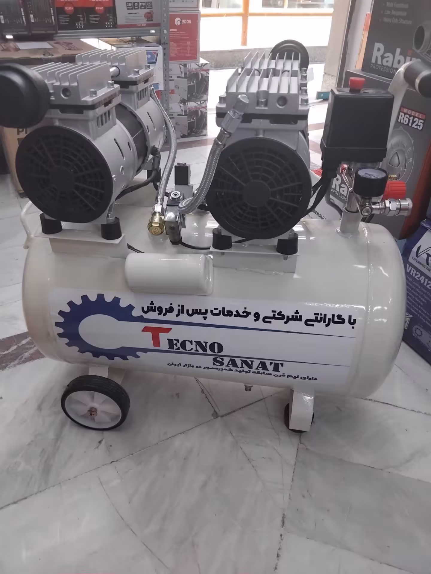 کمپرسور 50 لیتری سایلنت دو موتوره چهار سیلندر تکنو صنعت مدل WP-1500