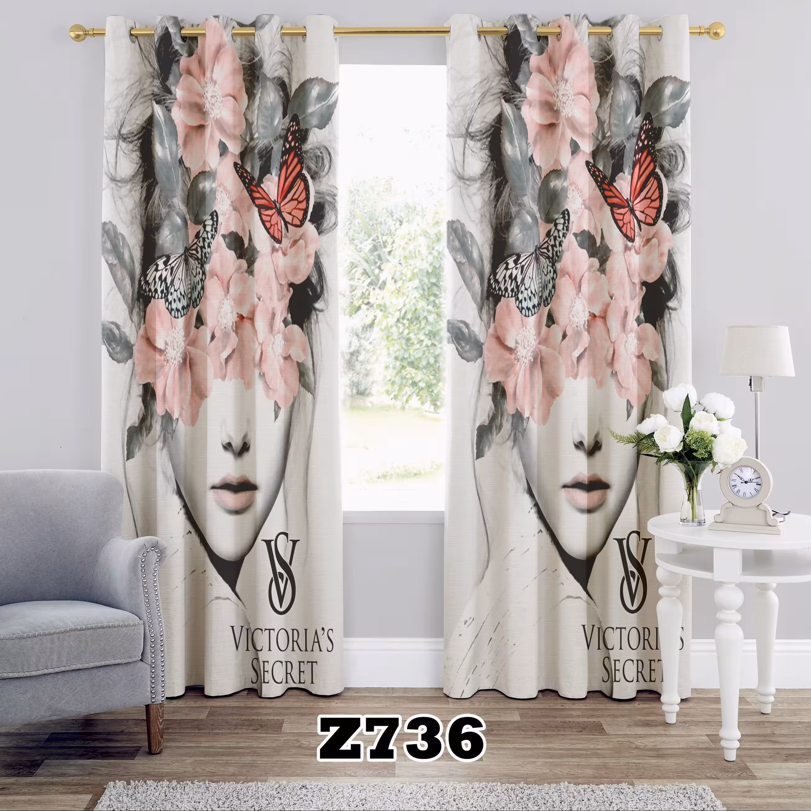 پرده چاپی طرح ویکتوریا سکرت دخترانه کد Z736 تک قواره ارتفاع 300 عرض 140 سانت
