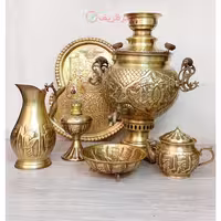 سرویس 6 پارچه سماور ذغالی برنجی 6 لیتری، قلم فرش دسته توری، دارای مهر روسی