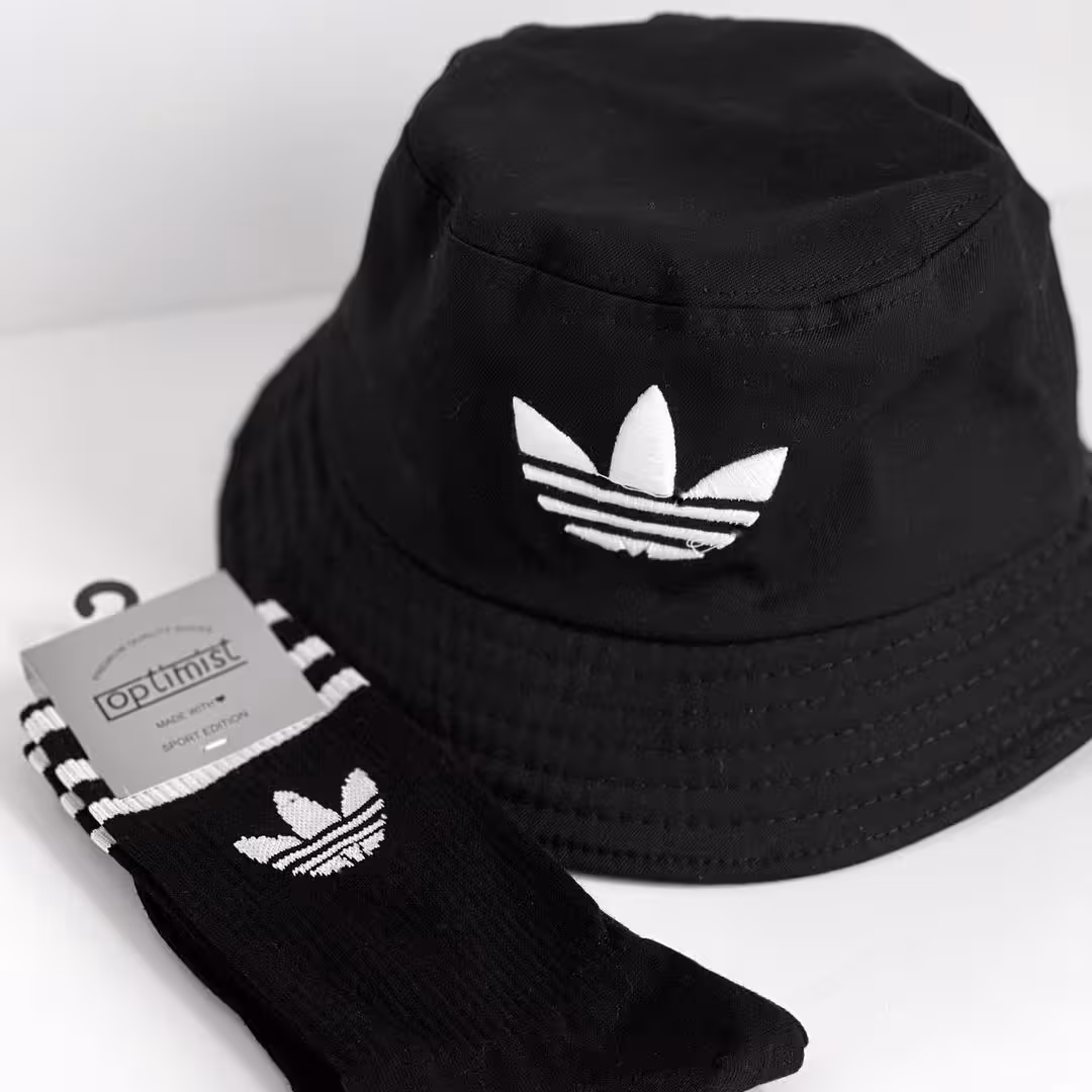 ست کلاه باکت و جوراب ساقدار طرح آدیداس مشکی فری سایز