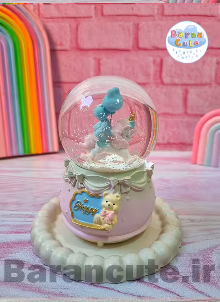 گوی موزیکال برفی چراغ دار (سایز متوسط) طرح یونیکورن و بادکنک آبی