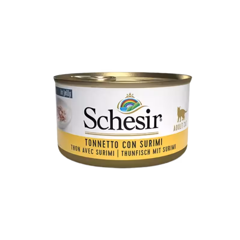 کنسرو گربه بالغ طعم تن ماهی با خرچنگ در ژل برند Schesir شسیر 85 گرمی