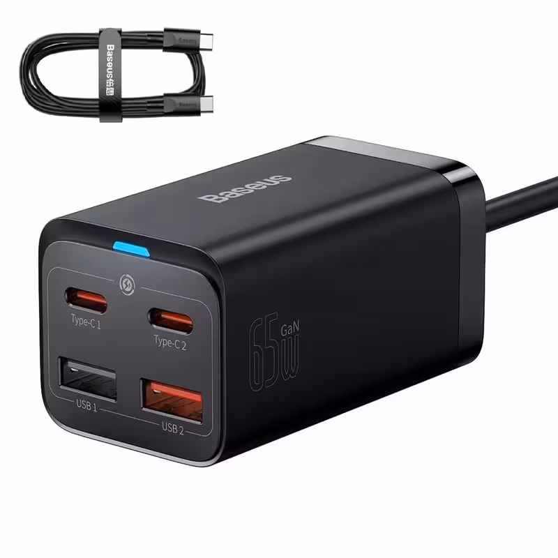 شارژر رومیزی فست 75 وات باسئوس مدل Desktop Fast 65W، به همراه کابل USB-C، دارای خروجی USB Type-C، امکان شارژ سریع موبایل و تبلت با شدت جریان 2.0 آمپر و بالاتر، فناوری Quick Charge 4.0، شارژ ایمن (MultiProtect)، پشتیبانی از فناوری GAN 3
