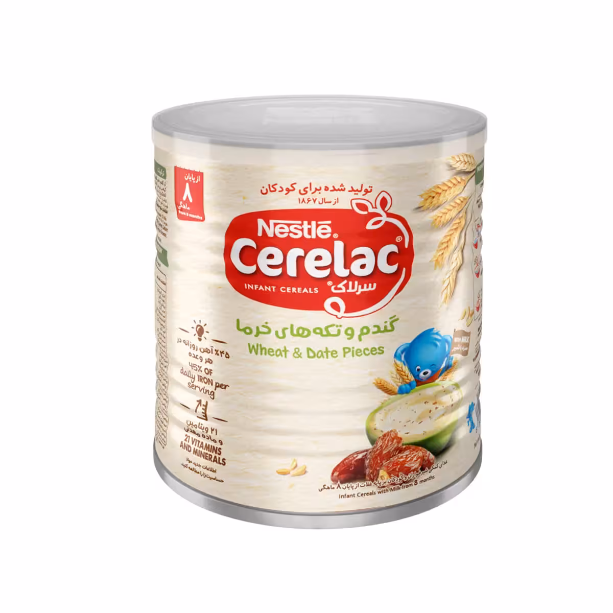 سرلاک گندم و تکه های خرما به همراه شیر نستله مناسب کودکان از پایان 8 ماهگی 400 گرم