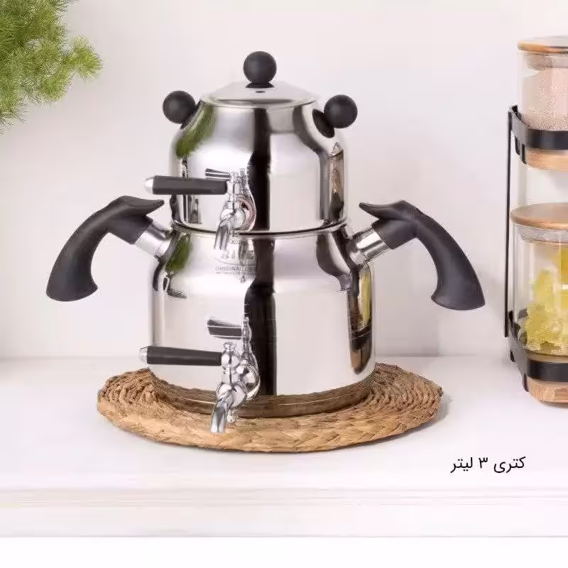 کتری قوری استیل شیر دار 3لیتر دسته باکالیت مشکی ریور کد 2161