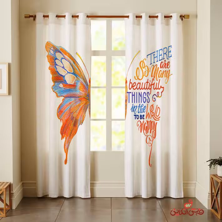 پرده 2عددی to be happy طرح پروانه 2585