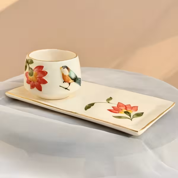 ست قهوه خوری سرویس گل و مرغ لاستر طلا