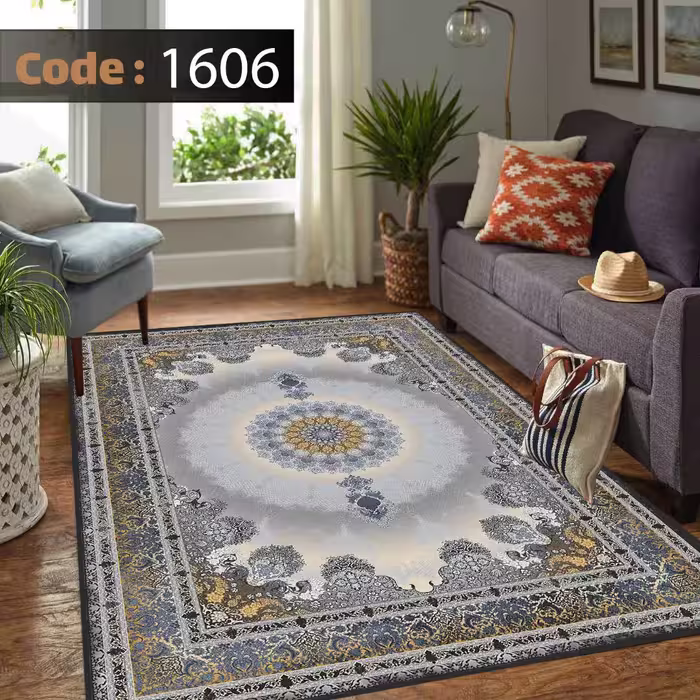 کاورفرش روفرشی دورکشدار گوشه لیفه ای طوسی کرم کد 1606
