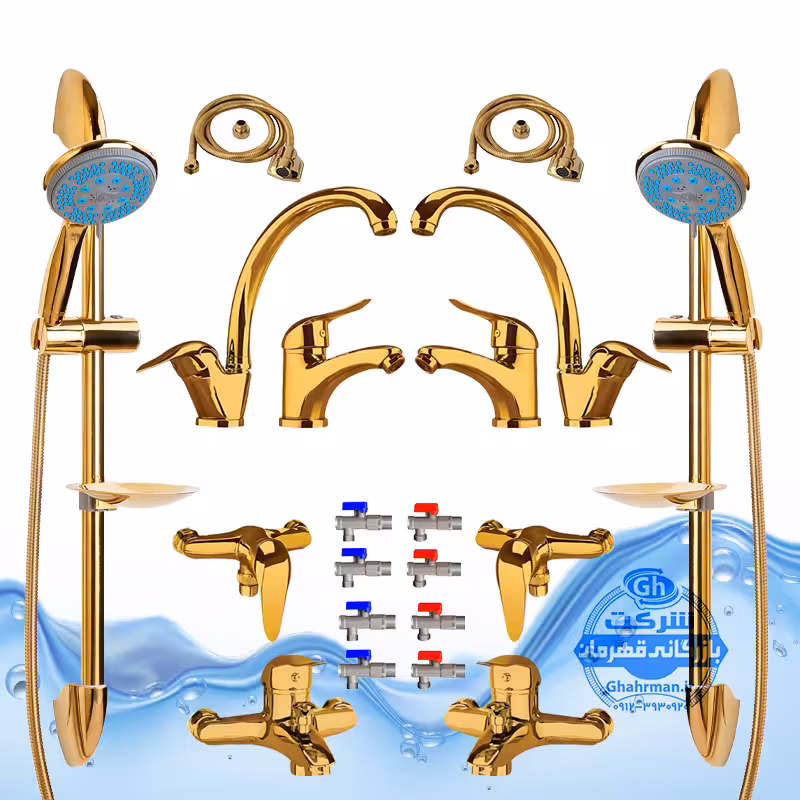 ست 20 عددی شیرآلات برند آیدا صنعت مدل قهرمان اردکی | دو عدد شیر ظرفشویی   دو عدد شیر روشویی   دو عدد شیر حمام   دو عدد شیر توالت   دو عدد علم دوش یونیورست مدل یونیکا طلایی   دو عدد شلنگ توالت   دو عدد شلنگ استیل   هشت عدد شیر پیسوار | طلایی براق