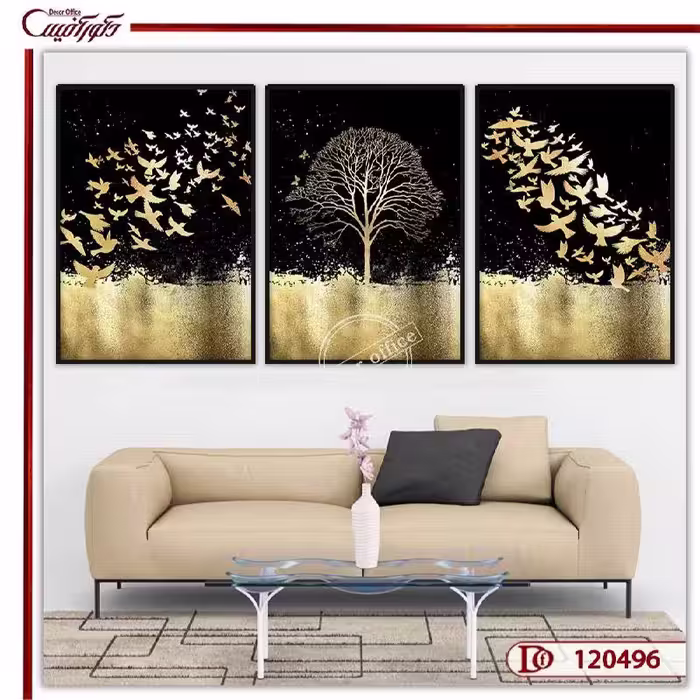 تابلو سه‌ تکه درخت طلایی و پرواز پرندگان L120496