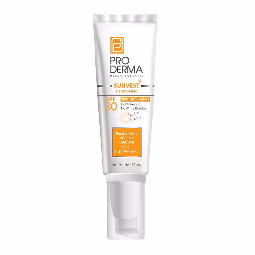 ضدآفتاب فلوئیدی فاقد جاذب های شیمیایی SPF30 پرودرما حجم 50 میلی لیتر