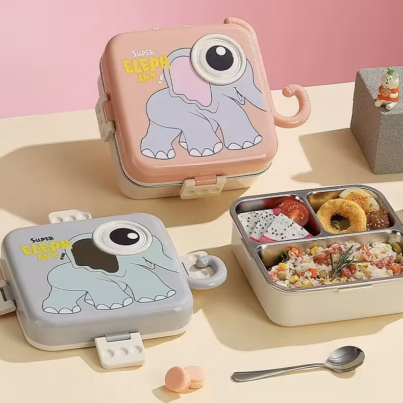 ظرف غذای داخل استیل طرح فیل وارداتی 🐘 | لانچ‌باکس دو طبقه ضدنشتی LAX SON