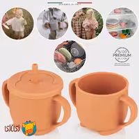 لیوان آموزشی سیلیکونی دوکاره اله‌له با دسته و نی رنگ نارنجی