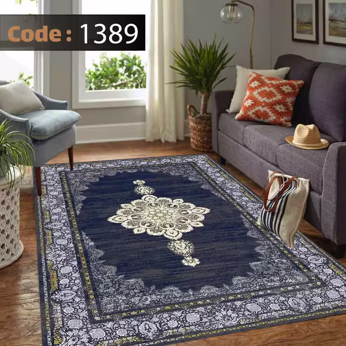 کاورفرش روفرشی دورکشدار گوشه لیفه ای لاکی ، آبی و متنوع کد 1389