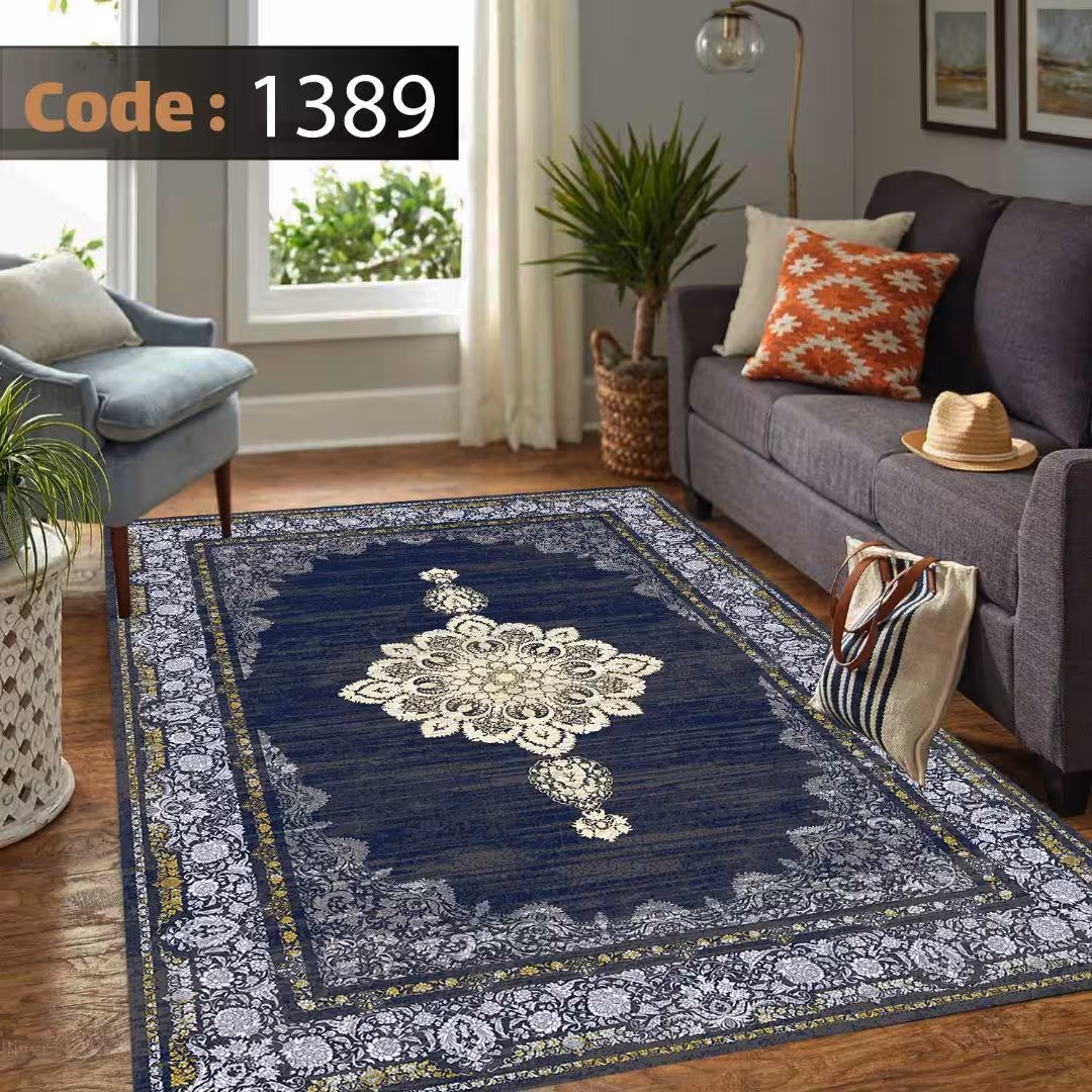 کاورفرش روفرشی دورکشدار گوشه لیفه ای لاکی ، آبی و متنوع کد 1389