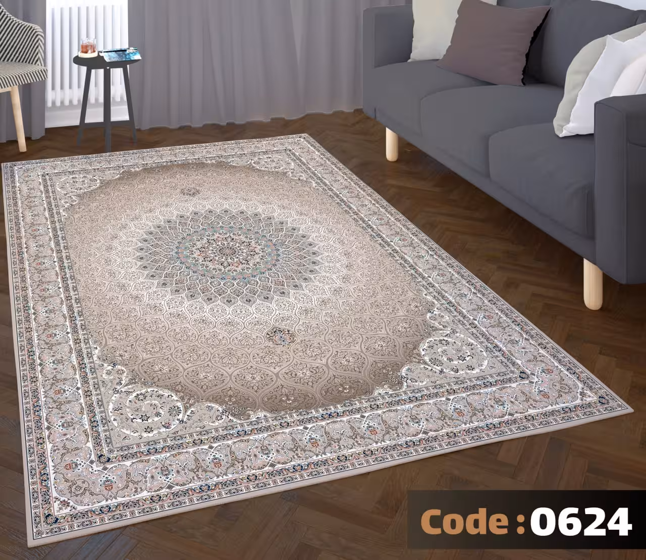 کاورفرش روفرشی دورکشدار گوشه لیفه ای کرم  قهوه ای کد 0624