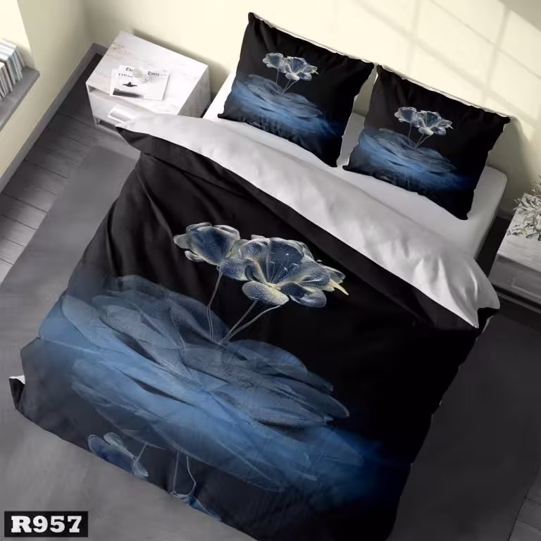 سرویس روتختی دونفره سه بعدی(دو نفره3d) بزرگسال با ضمانت طرح گل آبی در زمینه مشکی برای تخت160