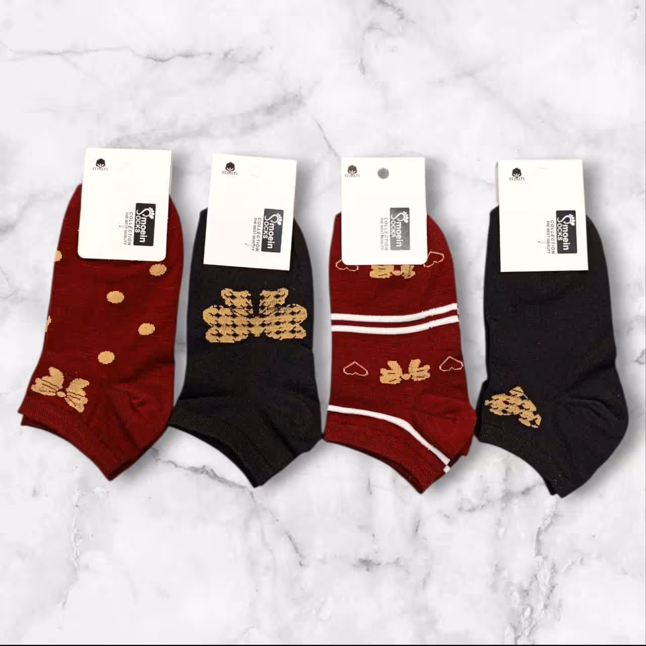 جوراب کارت سفید پاپیون قلب زرشکی و مشکی