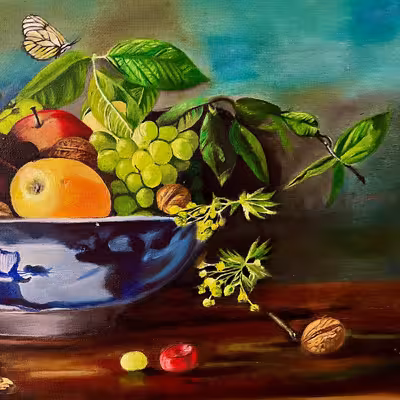 تابلونقاشی رنگ روغن طرح ظرف میوه