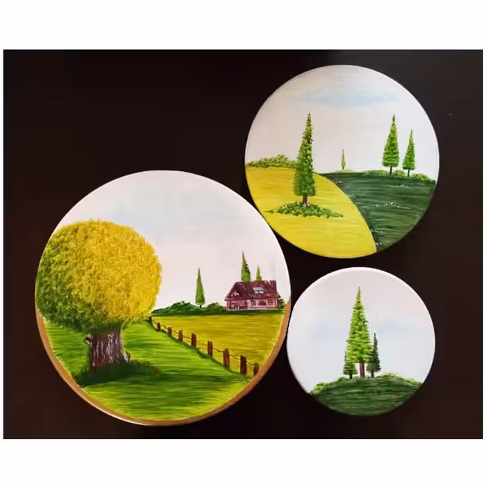 بشقاب دیوارکوب سفالی طرح دشت زیبای من کد 14 مجموعه 3 عددی