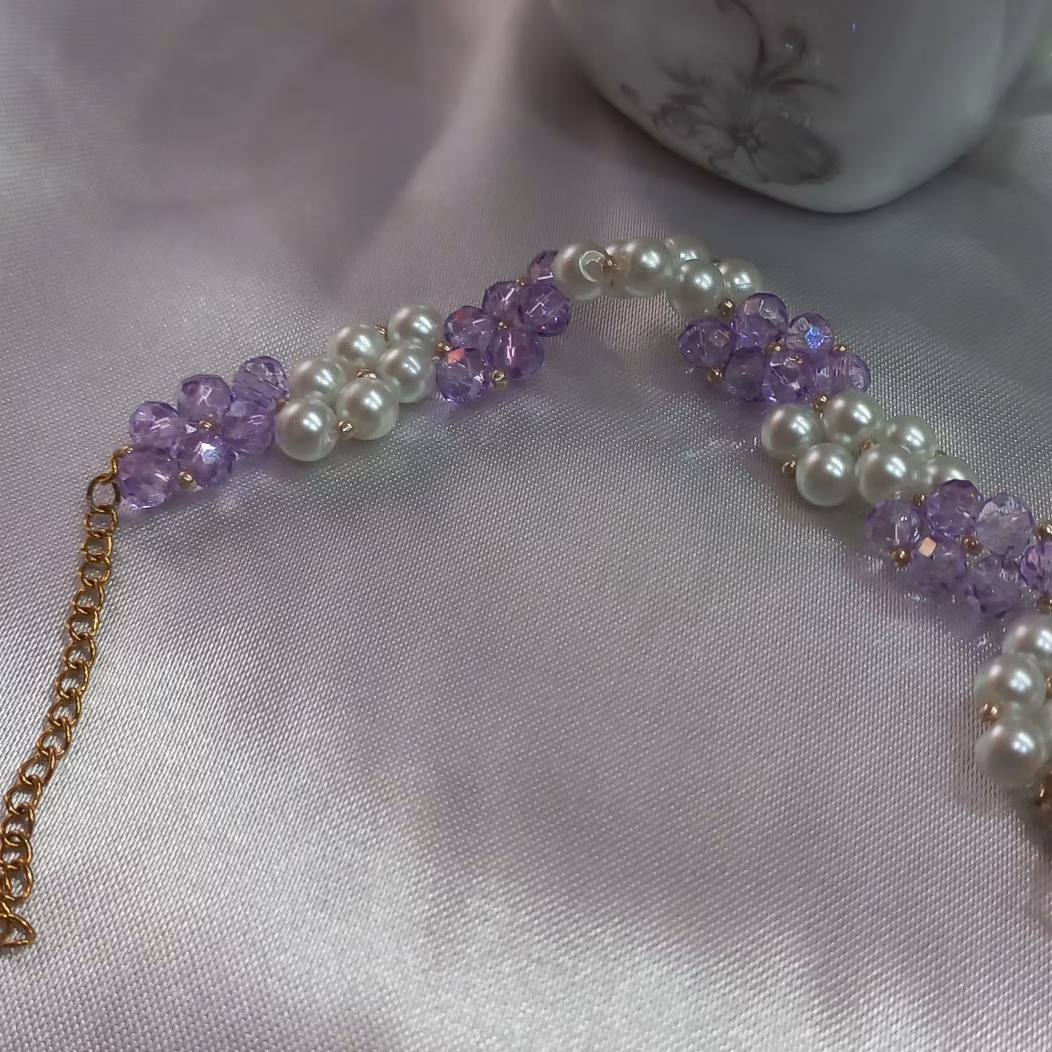 دستبند مروارید با کریستال بنفش