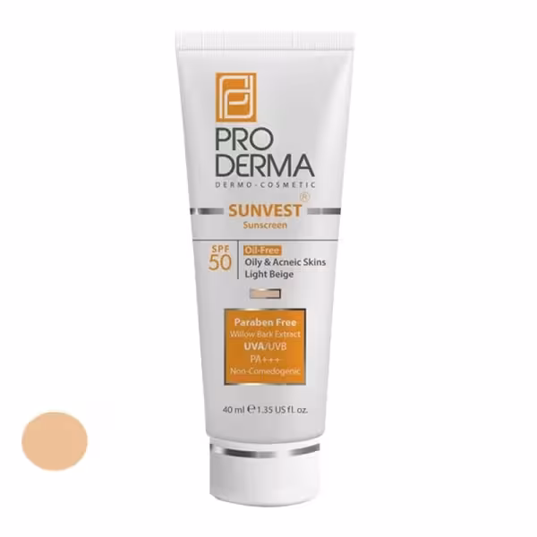 کرم ضد آفتاب بژ روشن فاقد چربی SPF50 مناسب پوست های چرب و جوشدار پرودرما