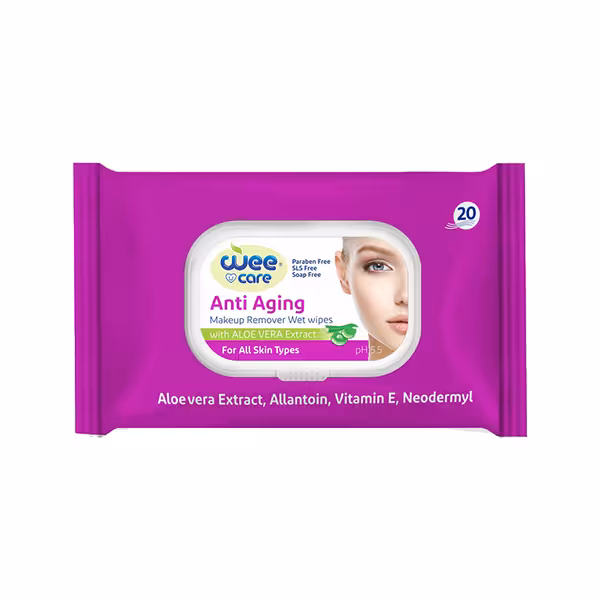 دستمال مرطوب پاک‌کننده آرایش پاکتی درب‌دار ضدپیری 20 برگی وی‌کر Wee Care