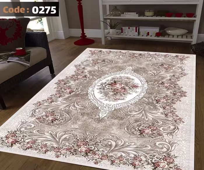 کاورفرش روفرشی دورکشدار گوشه لیفه ای کرم  قهوه ای کد 0275
