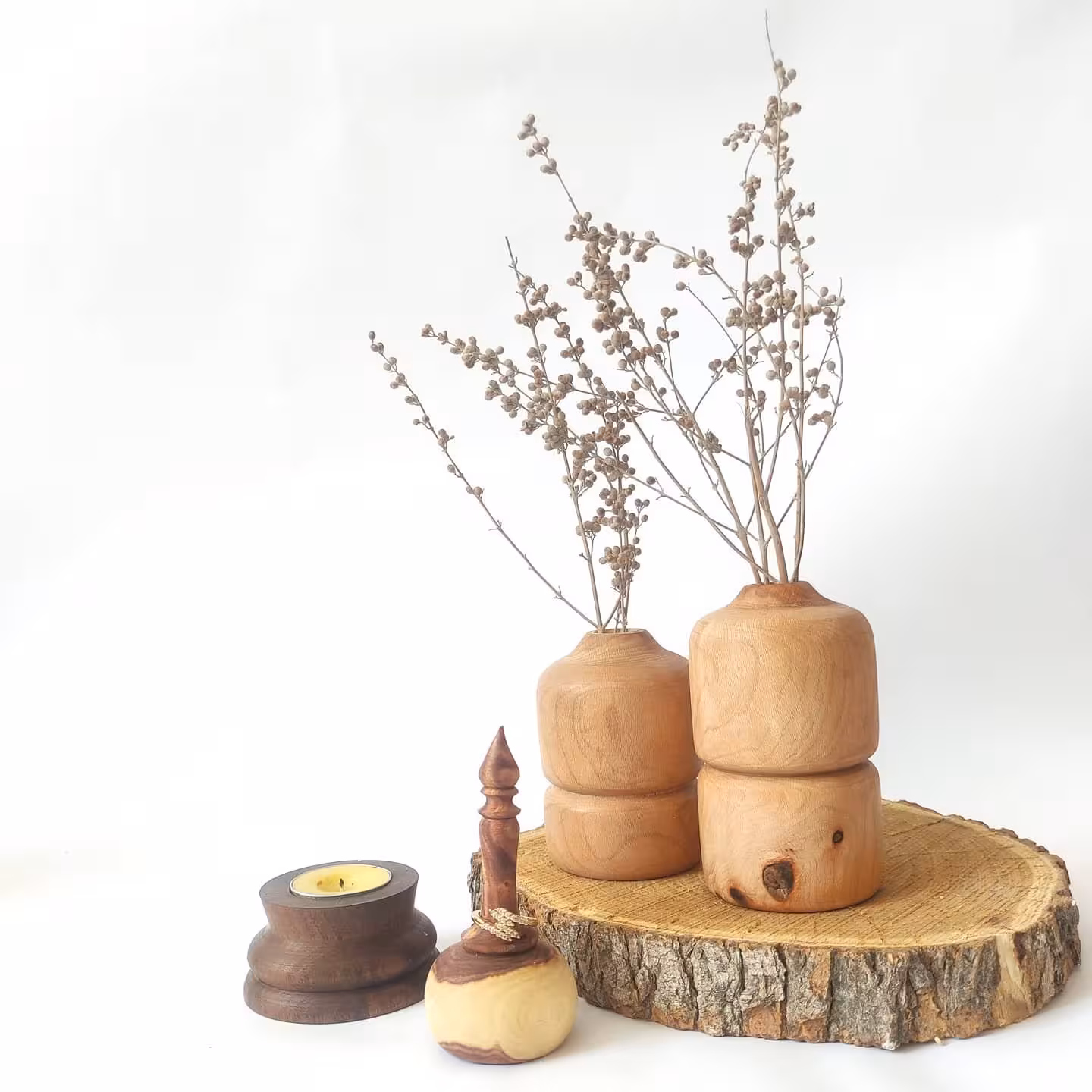 ست زیبای گلدون شمعدونی و استند انگشتر چوبی