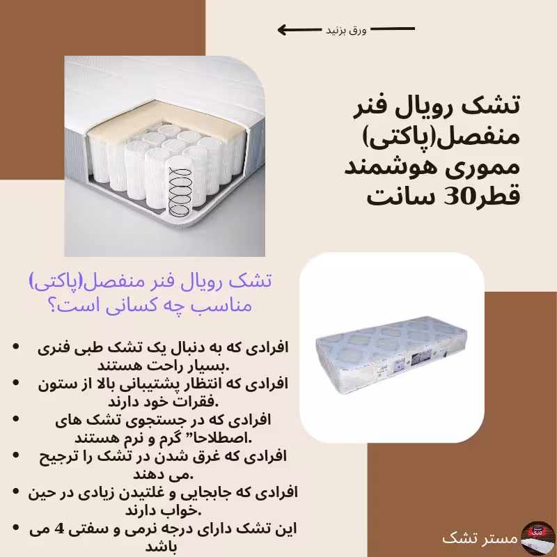 تشک یک نفره رویال فنر منفصل (پاکتی) 90 در 200 پد دار