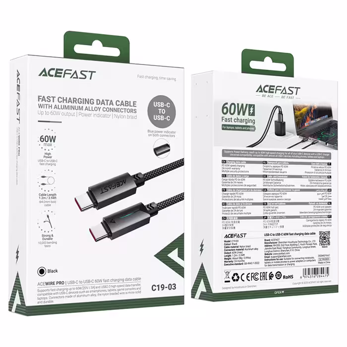 کابل Type-C به Type-C ایس فست ACEFAST C19-03 طول 1.2 متر توان 60 وات