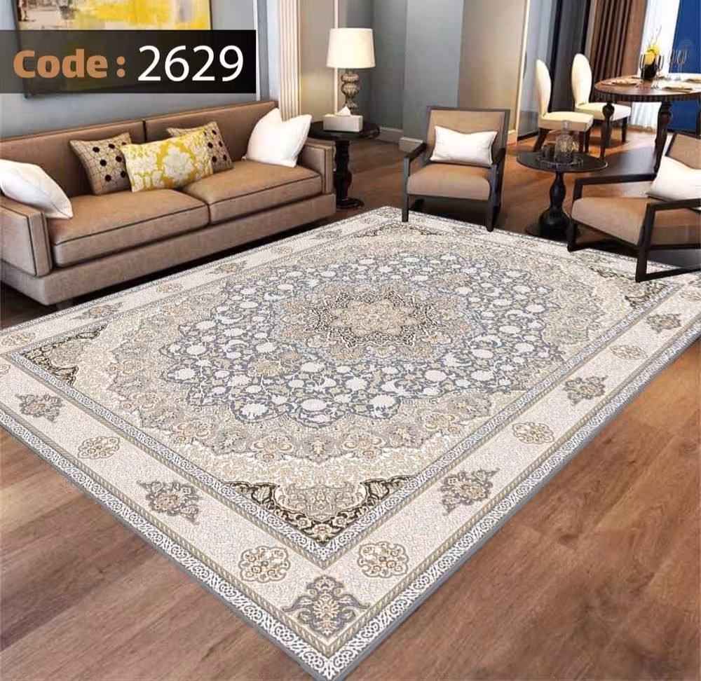 کاورفرش روفرشی دورکشدار گوشه لیفه ای طوسی کرم کد 2629