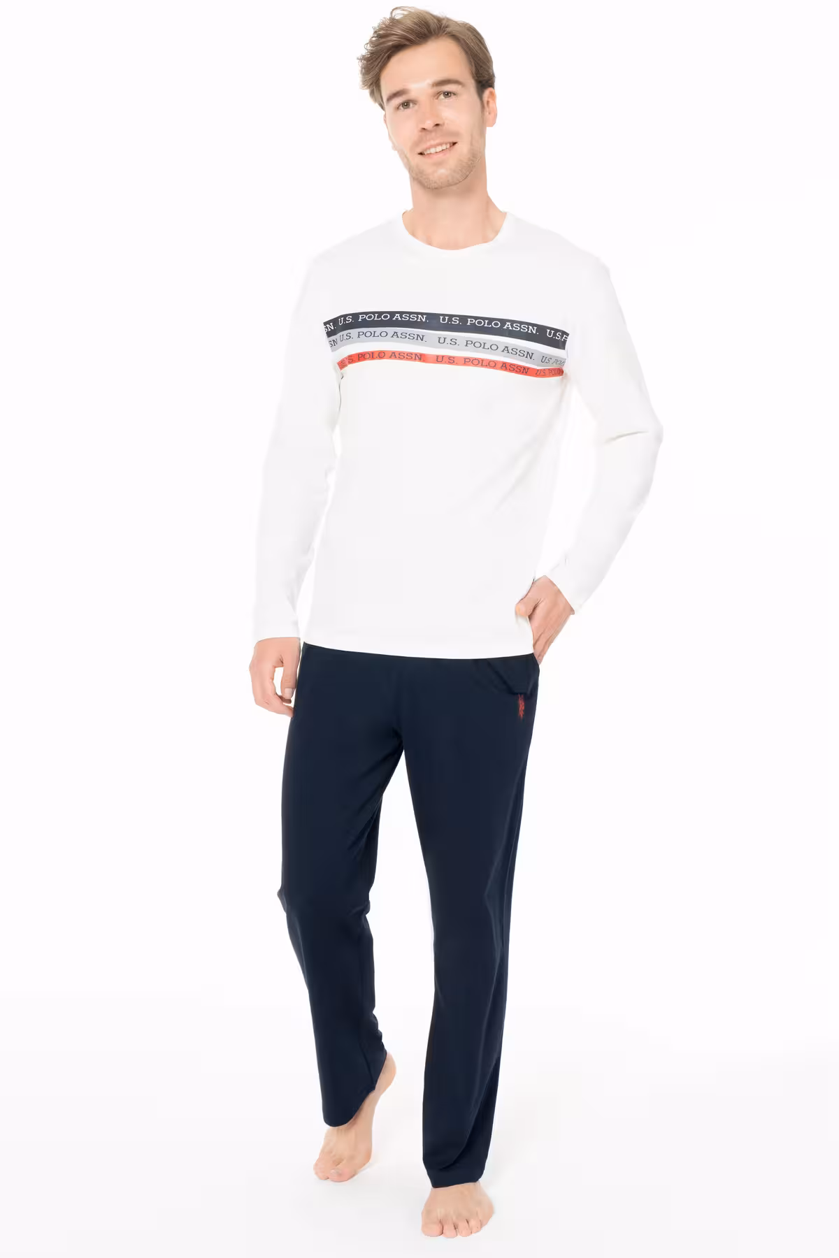 ست پیژامه مردانه مجموعه لباس خواب مردان جیب 100 ٪ پنبه آستین بلند یقه دوچرخه چوگان افقی چاپ شده U.S. Polo Assn.