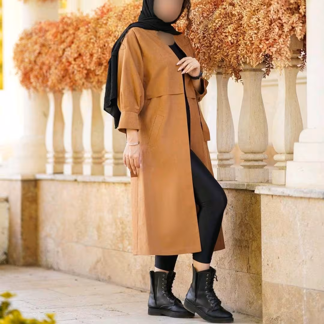 مانتو دانشجویی پاییزه میکرو کجراه مخمل (کره ای) پشت ژیله آستین بند دار، رنگ شتری