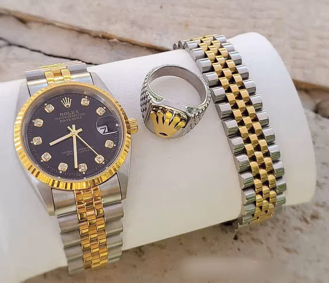 ست ساعت و دستبند انگشتر رولکس دو رنگ مردانه