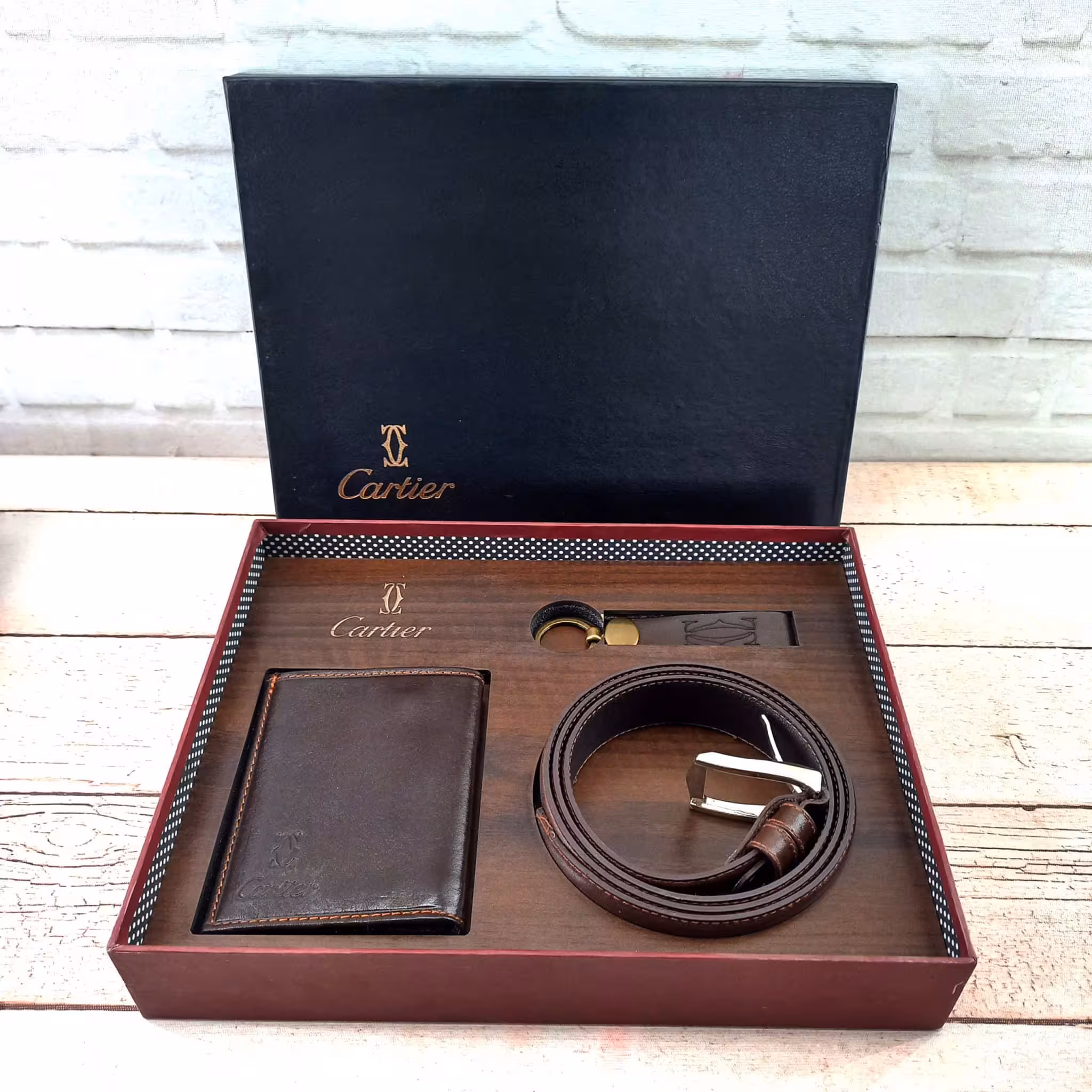 ست چرم طبیعی مردانه قهوه ای تیره کد C03